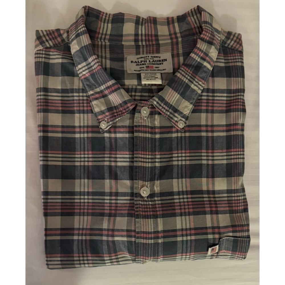 Ralph Lauren Jeans Co Men's 100% Cotton S/S Dress Shirt XXL Gray/Pink/Cream A+